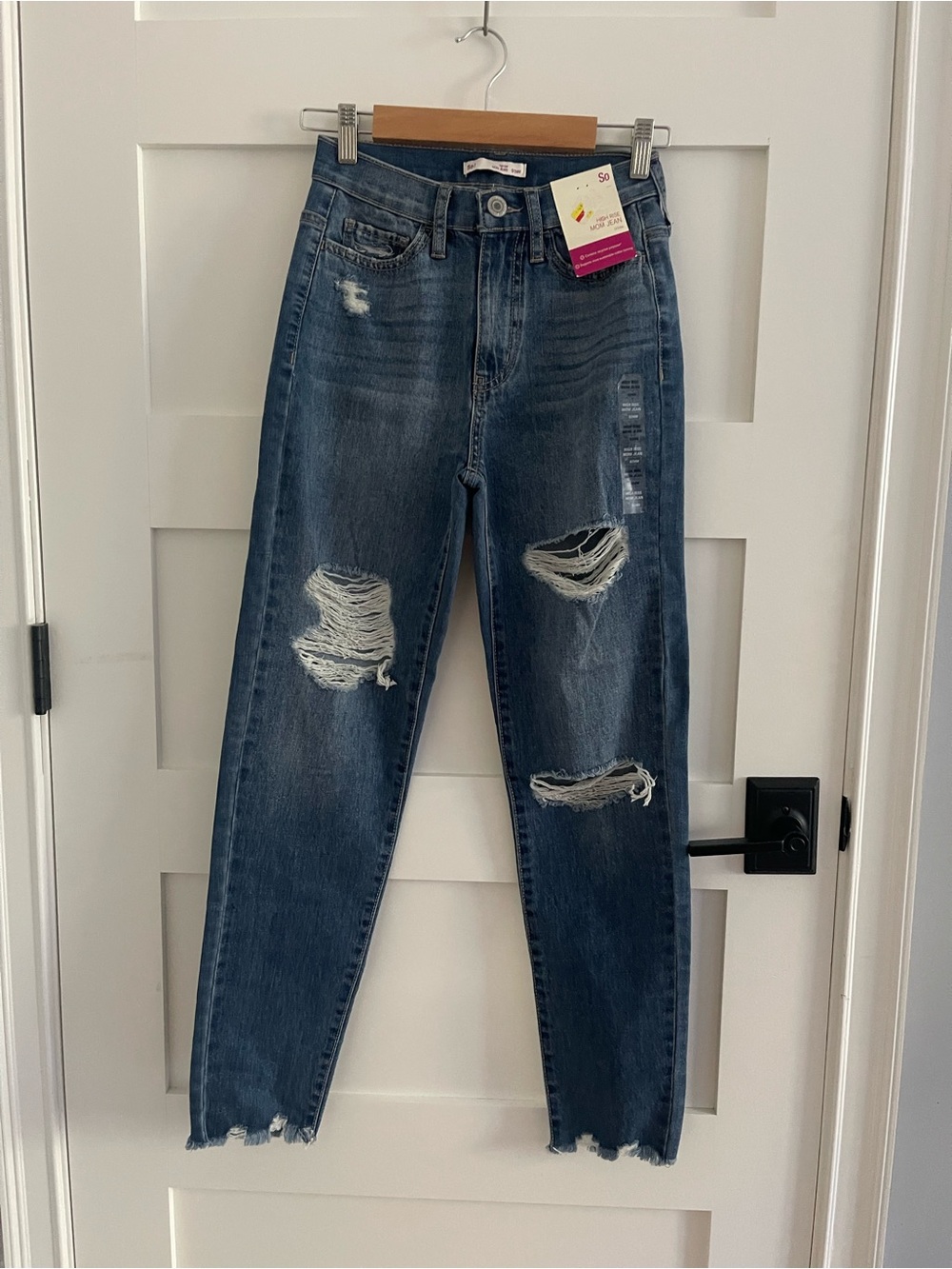 SO Women’s Distressed High-Rise mom Jeans - Blue 0/24